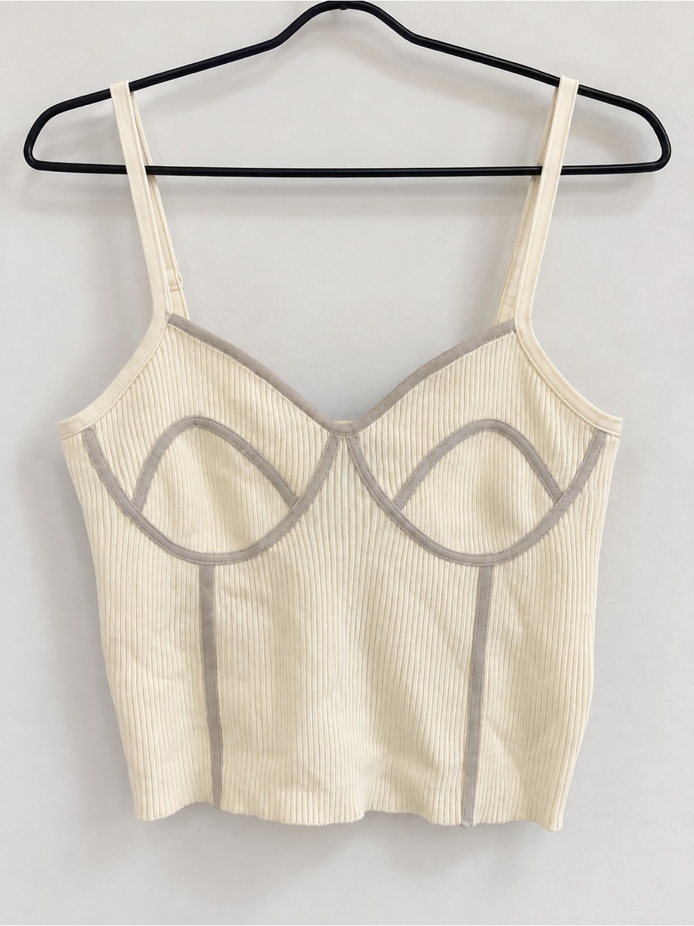 Cream Ribbed Bustier Tank with Gray Contrast Trim